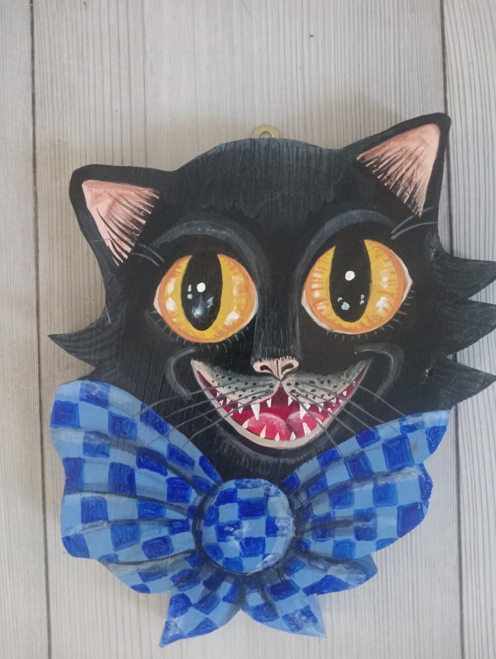 Wooden Laughing Black Cat Head Decorative Wall Plaque with Blue Check Bow